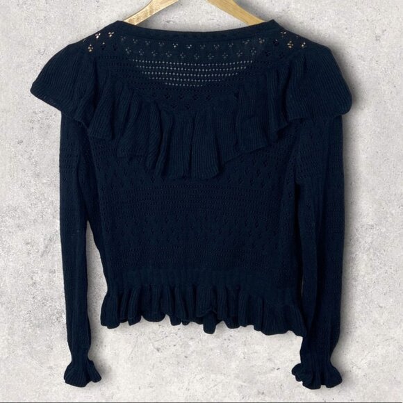 LoveShackFancy Alpaca Knit Sweater Blue Size Large Ruffle Navy Pointelle‎ Boho L - Picture 5 of 15